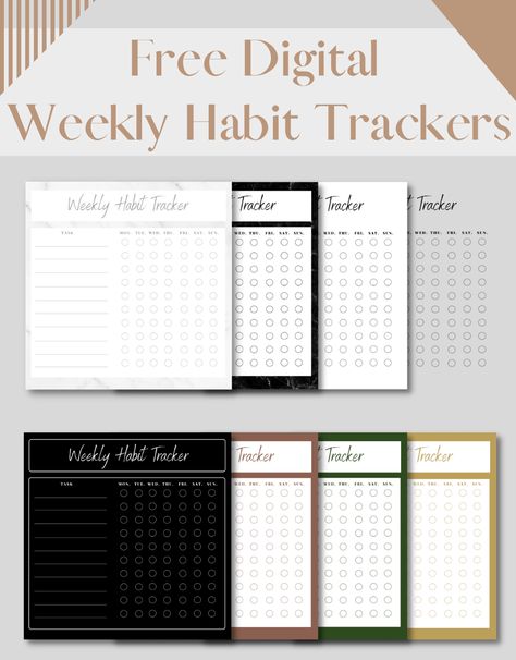 Free Digital Weekly Habit Trackers (8 Designs!) socialmediaplannerprintablefree #dailyplannerprintable #wellnessplanner. Digital Habit Tracker Template, Google Hub, Habit Tracker Printable Monthly, Habit Tracker Weekly, Habit Tracker Digital, Digital Planner Ideas, Weekly Habit Tracker, Interactive Calendar, Birthday Tracker