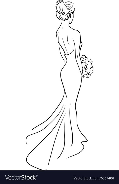 Woman In Dress Drawing, Dress Line Art, Bride Art Drawing, Flower Dress Illustration, Bride Illustration Art, Sketch Of Bride, Bride Sketch Art, Bride Illustration Drawing, Bride Sketch