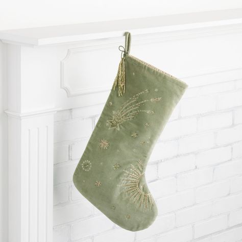 Celestial Christmas, Stocking Designs, Green Christmas, World Market, Green Velvet, Christmas Stocking, Tis The Season, Tree Skirts, Sage Green