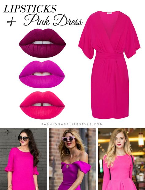 #choose color lipstick #lipstick Lipstick For Pink Outfit, Makeup With Bright Pink Dress, Hot Pink Dress Nail Ideas, Makeup With Fuschia Dress, Lipstick For Hot Pink Dress, Makeup For Bright Pink Dress, How To Match Lipstick To Outfit, Lipstick According To Dress Color, What Color Goes With Pink Outfit