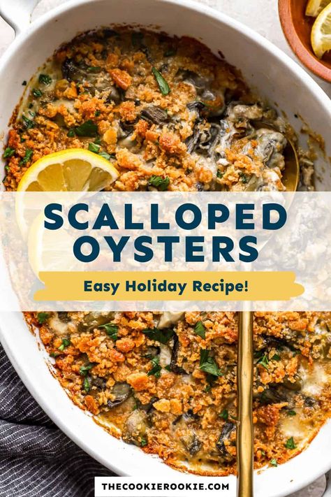 Add a seafood twist to a traditional casserole with this tasty Scalloped Oysters recipe! Oysters are baked with a creamy filling and a crispy, buttery topping made up of Ritz crackers and breadcrumbs. It makes a unique holiday dish that everyone will devour! Scalloped Oysters Recipes, Scalloped Corn With Oysters Recipe, Scalloped Oysters With Ritz Crackers, Scalloped Oysters With Saltines, Oyster Casserole Recipes, Canned Oyster Recipes, Oyster Casserole, Oyster Dressing Recipes, Baked Oyster Recipes