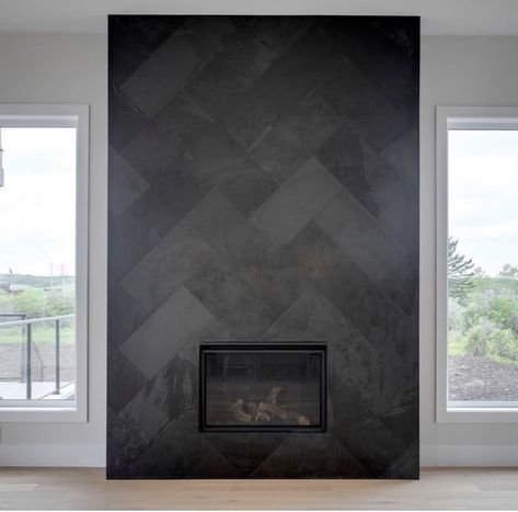 Black Fireplace Wall, Tiled Fireplace Wall, Black Tile Fireplace, Modern Fireplace Ideas Living Rooms, Grey Fireplace, Fireplace Feature Wall, Slate Fireplace, Valentine's Day Celebration, Tile Fireplace