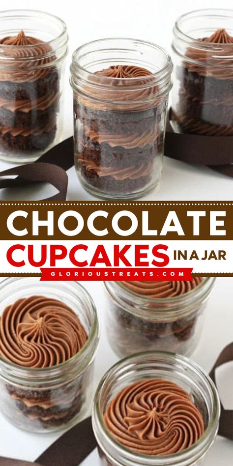 Learn how to make a cupcake in a jar and impress your loved ones! These best chocolate cupcakes are double chocolate, you just can't resist! Everyone will definitely love these treats! Mason Jar Desserts Recipes, Mason Jar Cupcakes, Double Chocolate Cupcakes, Cupcakes In A Jar, Mason Jar Cakes, Portable Dessert, Best Chocolate Cupcakes, Valentines Recipes Desserts, Holiday Baking List