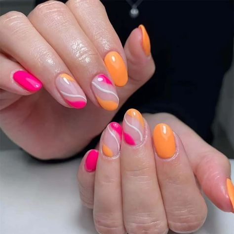 Orange And Pink Dip Nails, Pink Orange Acrylic Nails, Orange And Pink Short Nails, Neon Nails Pink And Orange, Pink Orange And White Nails, Pink And Orange Swirl Nails, Pink Orange And Yellow Nails, Pink Orange Nails Summer, Bright Pink And Orange Nails