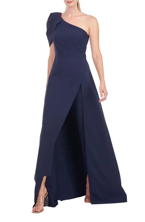 Bridesmaids Jumpsuits, Gathered Bodice, Crepe Jumpsuit, Maxi Romper, Kay Unger, Drape Sleeves, Floor Length Skirt, Pleated Bodice, Stretch Crepe