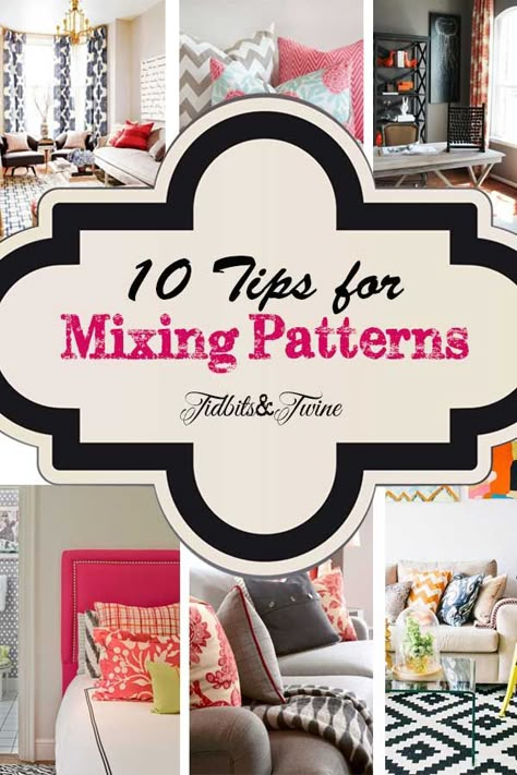 10 Tips for Mixing Patterns: 1. Work with odd number of patterns 2. Use varying scales of pattern 3. Large patterns on large pieces, small on small 4. Look for a large pattern that incorporates all of your colors 5. Can use it even in monochromatic room 6. Consider adding a solid 7. Group similar pattern styles 8. Balance patterns in the space 9. Stick with a consistent hue 10. Don’t be afraid to break the rules! Mixed Interior Design, Mix Patterns Decor, Film Decor, Monochromatic Room, Mixing Patterns, Pillow Combos, Matching Patterns, Pattern Inspiration, Home Goods Decor