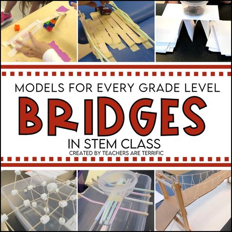 STEM Challenges- this post features tips about building bridges and ideas for using bridge-building challenges at five grade levels. Bridge Stem Challenge, 3rd Grade Science Experiments, Stem Projects Elementary, Stem Bridges, Stem Challenges Elementary, Stem For Elementary, 5th Grade Science Projects, Bridge Project, Elementary Stem Activities