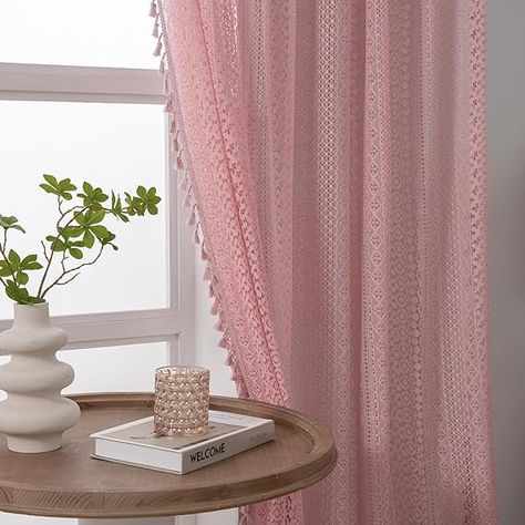 Amazon.com: WAZZIO Boho Tassel Crochet Curtains for Living Room,Vintage Rod Pocket Bohemian Curtains Geometry Striped Knitted Lace Light Filtering Curtains 84 inches Long 2 Panel Set for Bedroom Bay Kids,Beige : Home & Kitchen Light Pink Curtains, Curtains For Girls Room, Pink Bedroom Curtains, Baby Pink Curtains, Tassel Crochet, Girls Room Curtains, Curtains Living Room Modern, Curtains Ideas, Bohemian Curtains