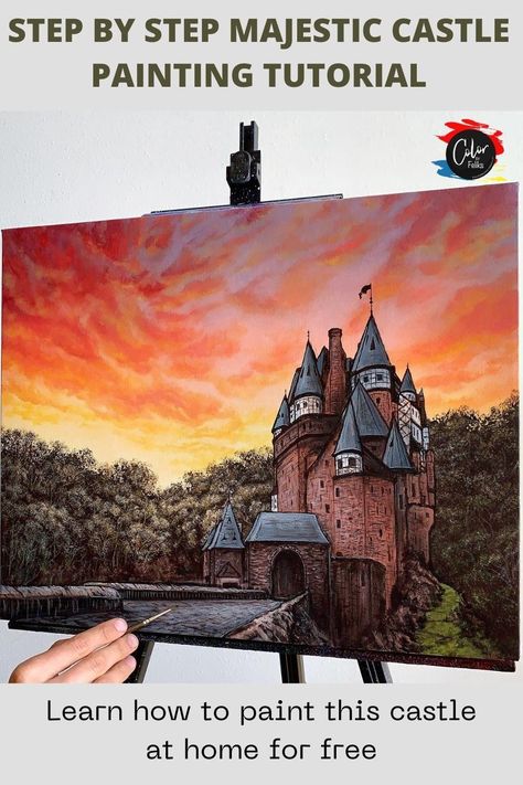 Start building your imagination from this easy castle acrylic painting by Feliks. This painting tutorial is good for beginners and help you start the castle skecth and simple drawing. This painting idea will bring the childhood fairy tales and your dream of living in a castle. Explore different color blends and use watercolor or oil paints. Castle Acrylic Painting, Charcoal Realism, Paint With Acrylics, Painting With Acrylics, Painting Videos Tutorials, Castle Painting, Popular Paintings, Creative Friends, Castle Art