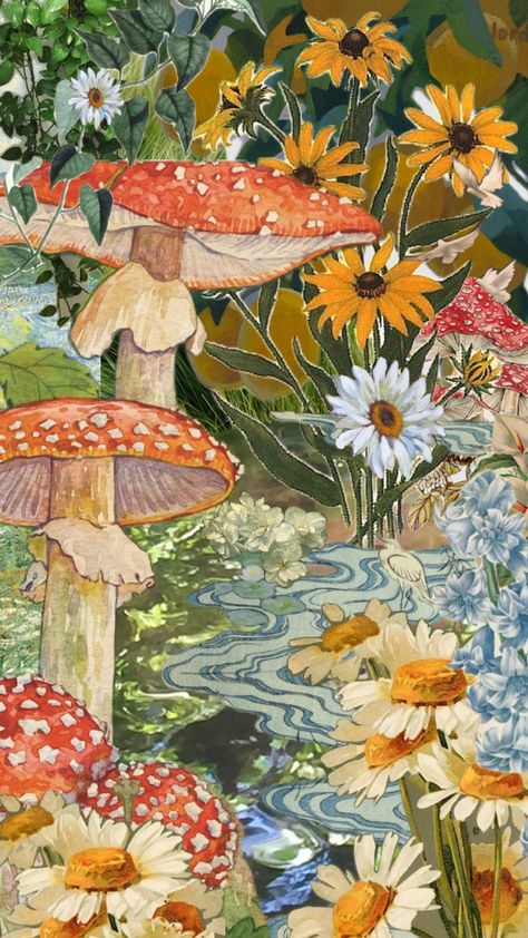 Funky Wallpaper, Mushroom Wallpaper, Fairy Wallpaper, Collage Art Projects, Spiritual Artwork, Junk Art, Vintage Poster Art, Cute Patterns Wallpaper, Fairy Art