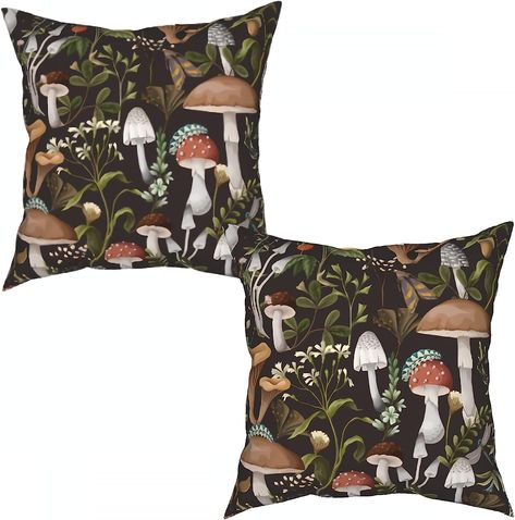 Cafl Mushrooms Pillow Covers Berries Bugs Throw Pillow Covers Decorative Pillow Cases 18 * 18 in for Couch Bed Set of 2 Mushroom Bedsheet, Fairy Core Pillow, Pillow With Mushrooms, Whimsigoth Throw Pillows, Witchy Throw Pillows, Sofa Bed Living Room, Black Pillow Covers, Black Pillows, Sofa Couch Bed