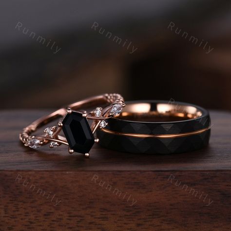 Here we have a Vintage Black Onyx Couples Ring Rose Gold Matching Ring Set His and Hers Wedding Band Promise Ring For Men For Women Natural Black Gemstone Moss agate set: https://www.etsy.com/listing/1716926987/vintage-green-moss-agate-couples-ring?click_key=976c78ae43186872022d4c59854a52d0ed895813%3A1716926987&click_sum=15a89b76&ref=shop_home_active_36&pro=1&frs=1 Green emerald set: https...#Expression #The #of #Exploring #Jewelry #and #Art #of #the #Elevating #World #World #the #Style #Mens Black And Rose Gold Wedding Rings, Bohemian Style Engagement Ring, Viking Wedding Ring Sets, Black Wedding Rings Sets Couple, Engagement Couple Rings, Promise Ring Sets, Black Wedding Ring Sets, Promise Ring For Men, Engagement Rings Black