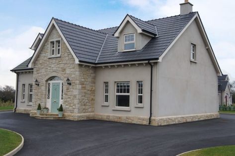 Country Bungalow Exterior, Stone And Render House Exterior, Cottage Dormer, Bungalow Plans Ireland, Self Build Houses Ireland, Irish Bungalow, House Exterior Ireland, Irish House Plans, House Plans Ireland