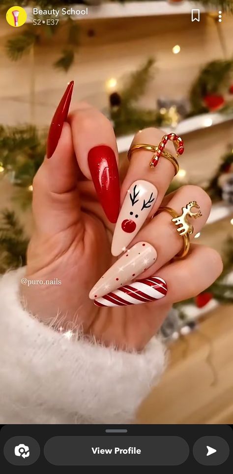 Nails 2023 Winter, Nail Designs Holiday, December Nail Ideas, Christmas Nail Designs Holiday, Gel Nails Shape, Winter Christmas Nails, Nails December, Nail Noel, Stiletto Shaped Nails