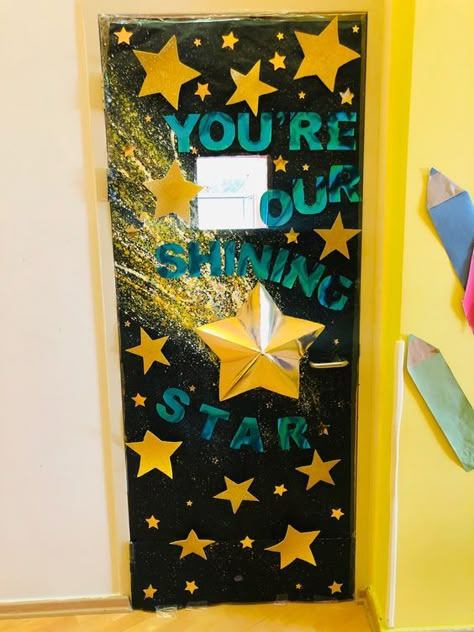 Back To School Bulletin Board & Classroom Door Decor - RecipeMagik Galaxy Door Decorations Classroom, Stars Door Decorations Classroom, Super Star Bulletin Board Ideas, Shining Stars Bulletin Board, Space Classroom Door Ideas, Star Door Decorations Classroom, Star Classroom Door Ideas, Classroom Door Space Theme, Classroom Star Theme