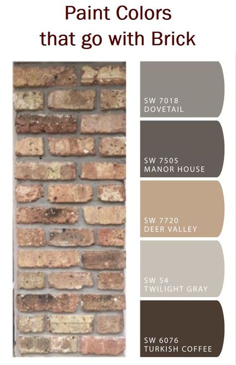 Exterior Paint With Brown Brick, House Colors With Brown Brick, Exterior Paint Colors For House With Tan Brick, Modern Brick Colors, House Colors Exterior Brick, Brick Colors Palette, Accent Colors For Tan House Exterior, Paint Colors That Compliment Orange Brick, Brick And Trim Color Combinations