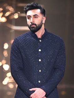 Stunning Ranbir Kapoor In Fusion Lungi Pants And Bandhgala! Traditional Indian Mens Clothing, Men Fade Haircut Short, Blue Sherwani, Indian Wedding Clothes For Men, Sherwani For Men Wedding, Wedding Kurta For Men, Wedding Outfits For Groom, Indian Groom Wear, Wedding Dresses Men Indian