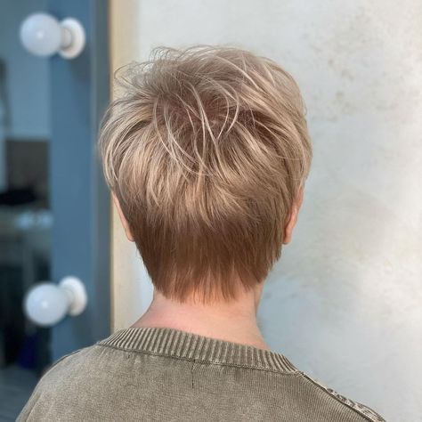 Short Pixie Haircut with Great Color back view #pixiehaircut #shorthaircut Pixie Cut Back View, Pixie Cut Back, Taper Mohawk, Taper Fade Mohawk, Bald Taper Fade, Mid Fade Haircut, Mohawk Haircut, Taper Fade Haircut, Tapered Haircut