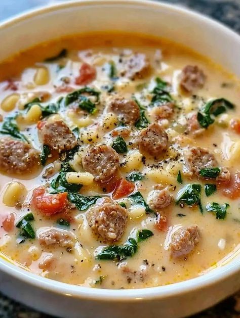 Creamy Parmesan Italian Sausage Soup 3 Creamy Parmesan Italian Sausage Soup, Sausage Soup Crockpot, Sausage Potato Soup, Sausage Soup Recipes, Parmesan Soup, Comfort Soup Recipes, Italian Sausage Soup, Italian Sausage Recipes, Sausage Potatoes