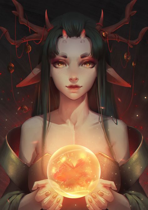 ArtStation - ANTLER, Jingwen Lin Tiefling Antlers, Antler Tiefling, Woman With Antlers, Tiefling Ideas, Mystical Characters, Antlers Drawing, Deer Girl, Antler Art, Elf Art