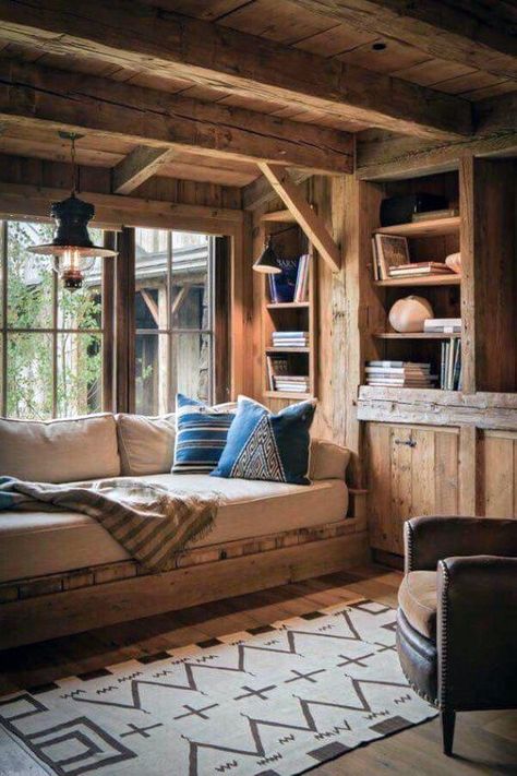 Smaller is better. Believe me. As you grow older, your kids are on their own, or slowly getting there (no judging, I have three), downsizing is your friend. My website is all about this. But imagine reading or writing in this space? #writingnook, #mountaincabin, #downsize #cabindecor #window #emptynest @mynestbestchapter.com Log Cabin Interior Design, Cabin Interior Design, Window Nook, Log Cabin Interior, Interior Boho, Cabin Living, Log Cabin Homes, Cabins And Cottages, Design Del Prodotto