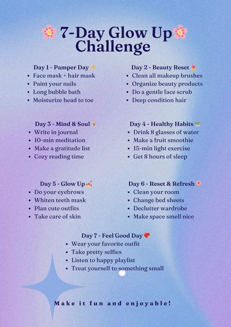 A glow up 7 days challenge infographic showcasing essential Glow Up Fast Tips on a calming blue-purple background. For those learning How To Start A Glow Up, it presents seven themed days with four daily tasks each, building toward an Ultimate Glow Up. Features comprehensive self-care activities from skincare to mental wellness, decorated with cherry blossoms and encouraging emojis. Concludes with 'Make it fun and enjoyable! Things You Need To Glow Up, Glow Up Realistic, 2025 Glow Up List, 5 Day Glow Up Challenge, Life Glow Up Aesthetic, How To Have A Glow Up In 2 Weeks, 7 Days Glow Up Challenge, Week Glow Up, How To Glow Up In 3 Days