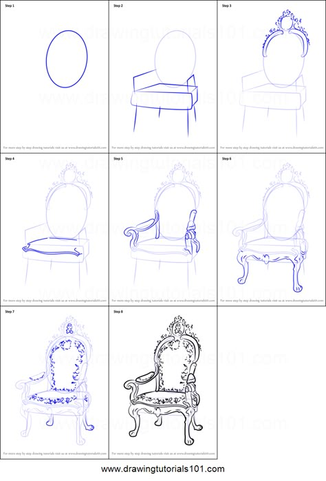 How to Draw a King's Chair Printable Drawing Sheet by DrawingTutorials101.com How To Draw A Throne, How To Draw Chairs Step By Step, How To Draw Chairs, How To Draw Furniture Step By Step, How To Draw Furniture, How To Draw A Chair, Chair Drawing Simple, Chair Drawing Sketches, Drawing A Chair