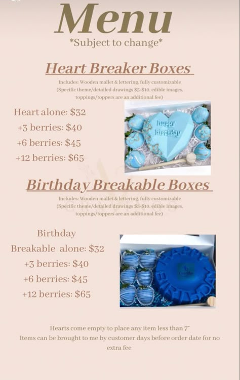 Dessert Pricing Chart, Sweet Treat Business Ideas, Prices For Chocolate Covered Strawberries, Dessert Price List, Dipped Treats Price List, Cake Pop Pricing, Bake Sale Price List Template, Cake Pops Price List, Treat Maker Business