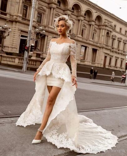 2nd Wedding Dresses, Short Wedding Dresses, Wedding Dresses High Low, Detachable Train, Off The Shoulder Long Sleeve, Backless Wedding, Wedding Dresses Photos, Lace Bridal Gown, Ivory Wedding Dress