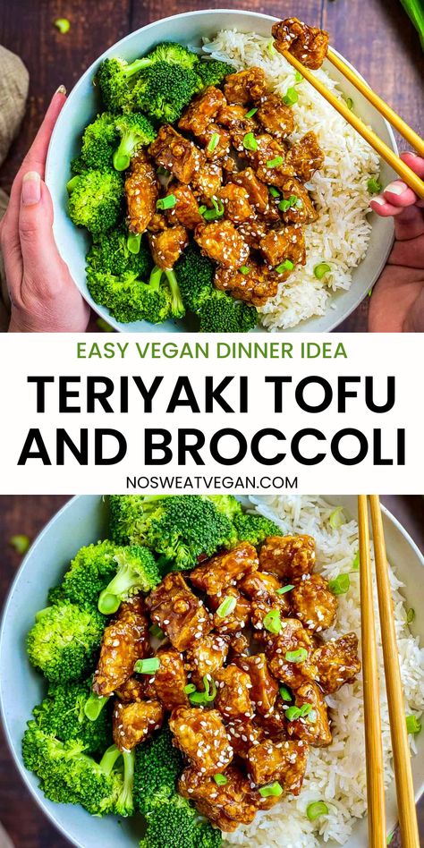 Looking for a healthy dinner idea perfect for Veganuary? Try this Vegan Teriyaki Tofu! Crispy tofu chunks are coated in a sticky, homemade teriyaki sauce that's both flavorful and oil-free. Ready in just 40 minutes, this dish is ideal for weeknight dinners and sharing with non-vegan friends. Serve with rice and steamed broccoli for a complete meal. Check out the full recipe now!  #VeganDinnerRecipe #TeriyakiTofu #Veganuary Teriyaki Tofu And Broccoli, Teriyaki Tofu Bowl Recipe, Tofu Power Bowl Recipe, Easy Healthy Dinner Vegan, Teriyaki Bowl Vegetarian, Teriyaki Tofu Noodles, Tofu And Rice Bowl, Meals To Cook For Friends, Vegan Teriyaki Bowl