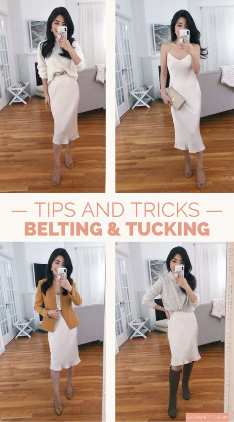 how to style a sweater over a dress // on the blog: a few different ways to style a slip dress! tuck or belt a sweater over it to create a midi skirt or dress it up for a night out. I'm also sharing my tips and tricks for how to wear a sweater over a dress by tying it up or tucking it into a belt. Silky Slip Skirt Outfit, Ivory Slip Dress Outfit, Cowl Neck Slip Dress Outfit Winter, What To Wear Over A Satin Slip Dress, Slip Dress Formal Outfit, Shirt Over Bodycon Dress Outfit, How To Style A Slip Dress Outfit Ideas, How To Style A Blazer With A Dress, Silk Dress With Sweater Over It