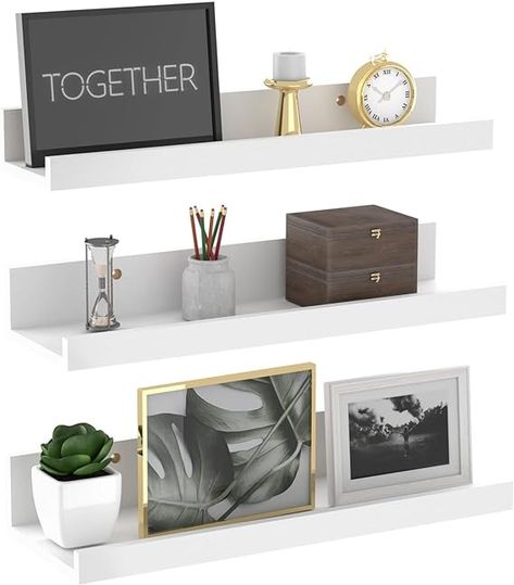 Amazon.com: Giftgarden 16 Inch White Floating Shelves for Wall Mount, Modern Wood Wall Shelf Ledge for Bathroom Bedroom Living Room Kitchen Nursery Storage, Set of 3 Different Sizes : Home & Kitchen K Pop Shelf, White Wood Shelves, Ledge Shelves, Shelves Bedroom, White Wall Shelves, Wall Storage Shelves, Next Bedroom, Shelves For Wall, Decorative Shelving