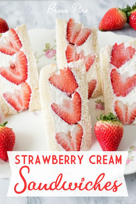 These Strawberry Cream Sandwiches are a delicious treat and a must-have snack for your spring Tea Party, Bridal Shower, or Mother’s Day Brunch. Loaded with thick sweet creamy filling and fresh strawberries you can’t go wrong with these delightful sandwiches. Strawberry Tea Sandwiches Recipe, Strawberry Cream Cheese Tea Sandwiches, Fruit Tea Sandwiches, Easy Mother’s Day Snacks, Strawberry Cream Cheese Sandwiches, Yea Sandwiches Recipe, Strawberry Birthday Food Ideas, Yea Party Food Ideas, Strawberry Tea Party