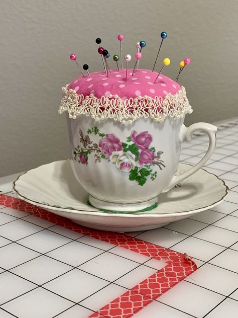 Teacup pincushion from gift teacup. Teacup Pincushion, Teacup Crafts, Tea Cup Collection, Cup Collection, Antique Booth, Fairy Gardens, Tea Room, Pin Cushions, Painting Crafts