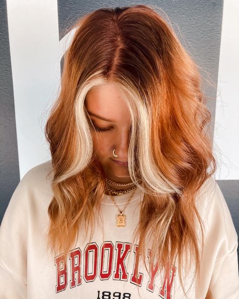 Rainbow Bangs, Money Pieces, Red Blonde, Colorful Hairstyles, Red Blonde Hair, Strawberry Blonde Hair Color, Money Piece, Ginger Hair Color, Red To Blonde