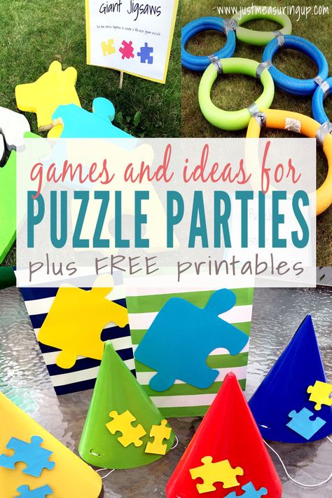 How to Throw an Amazing Puzzle Party - Games, Activities, Ideas, and FREE printables Puzzle Party Decorations, Puzzle Themed Birthday Party, Puzzle Piece Adoption Party Ideas, Puzzle Decor Ideas, Puzzle Party Ideas, Puzzle Theme Party, Puzzle Theme, Adoption Party Ideas, Puzzle Activities