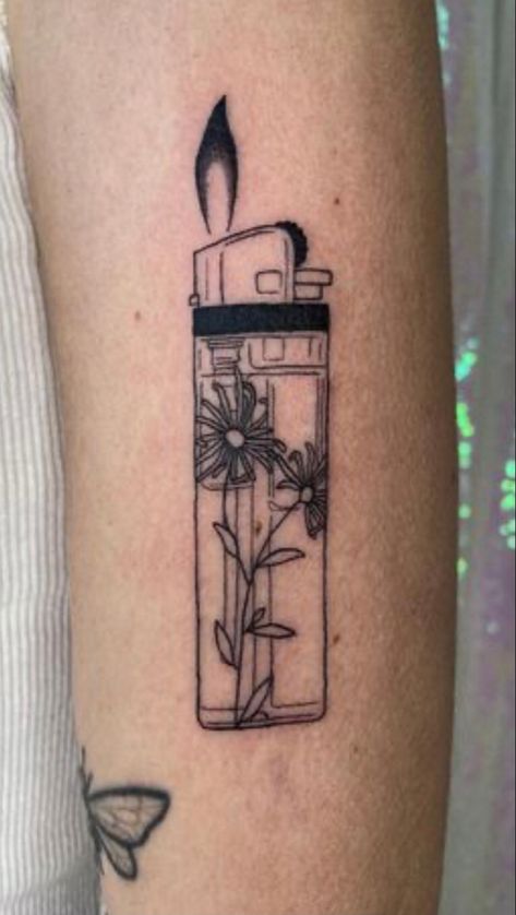 Unique Tattoos Patchwork, Matching Lighter Tattoos, Random Tattoos Women, Unique Plant Tattoo, Bic Lighter Tattoo, Unisex Tattoo Ideas, Mens Tattoo Inspiration, Antisocial Tattoo, Lighter Tattoo Design