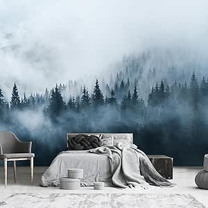 Misty Forest Wallpaper, Cabin Guest Room, Pine Tree Landscape, Grey Floral Wallpaper, Mural For Living Room, Landscape Mural, Mountain Wall Mural, Tree Landscape, Living Room Background