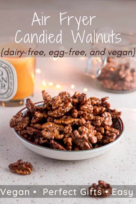 Easy Air Fryer Candied Walnuts (Pinterest Pin) Candied Walnuts In Air Fryer, Candied Walnuts Easy Air Fryer, Morocco Recipes, Candied Walnuts For Salad, Mediterranean Keto, Candied Walnut Recipe, Asian Ramen, Caramelized Walnuts, Glazed Walnuts