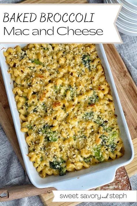 Baked Broccoli Mac and Cheese is a crowd pleaser, and kid approved! A classic (but super-lightened-up) béchamel-inspired cheese sauce coats delicious corkscrew-shaped pasta and broccoli florets.  Topped with a buttery layer of breadcrumbs and baked to cheesy perfection, this is total comfort food. Chicken Broccoli Mac And Cheese Casserole, Mac And Cheese With Broccoli Baked, Broccoli Mac And Cheese Baked, Mac N Cheese Broccoli, Baked Broccoli Mac And Cheese Recipe, Broccoli Macaroni And Cheese, Broccoli And Mac And Cheese, Baked Broccoli Mac And Cheese, Chicken And Broccoli Mac And Cheese