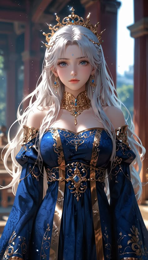 Blue Hair Princess Art, Fairy Queen Fantasy Art, Blonde Fantasy Princess, Anime Princess White Hair Blue Eyes, White Hair Goddess Fantasy Art, Dress Images, Cool Anime Pictures, Female Character Design, Beautiful Fantasy Art