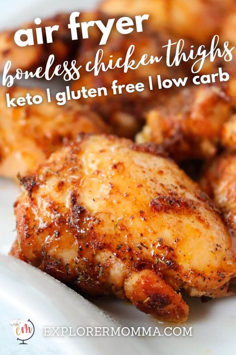 Super easy air fryer boneless skinless chicken thighs are the perfect family weeknight dinner! With just the right amount of spice, pair with a salad or green veggie for a delicious low carb or keto meal. Fried Chicken Thighs Boneless, Air Fryer Boneless Skinless Chicken, Air Fryer Boneless Chicken Thighs, Air Fryer Recipes Chicken Thighs, Keto Chicken Thighs, Cooking Chicken Thighs, Keto Chicken Thigh Recipes, Chicken Thights Recipes, Low Sugar Diet Recipes