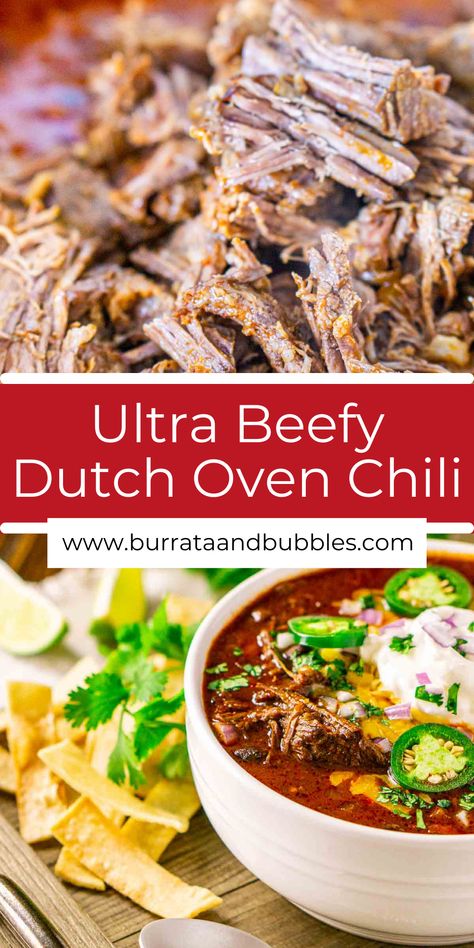 Shredded Beef Chili, Chuck Roast Chili, Meaty Chili, Dutch Oven Chili, Dutch Oven Beef, Shredded Beef Recipes, Best Dutch Oven, Hearty Vegetable Soup, Chilli Recipes