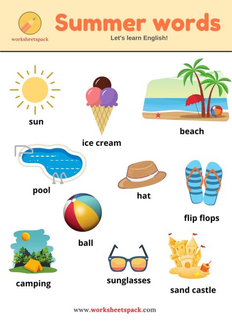 Summer Season Pictures For Project, Vocabulary Words For Kindergarten, English Vocabulary With Pictures, Learn English Preschool, Summer Season Worksheets For Kids, Summer Pictures For Kids, Vocabulary Cards With Pictures, Summer Vocabulary For Kids, Vocabulary Activities For Kindergarten