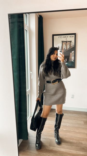 Knitted Dress With Belt, Sweater Dress With Belt Outfit, Belted Sweater Dress, Sweater Dress Belt, Sweater Dress And Boots, Sweater Dress With Boots, Style Language, Sweater Dress With Belt, Edgy Classic