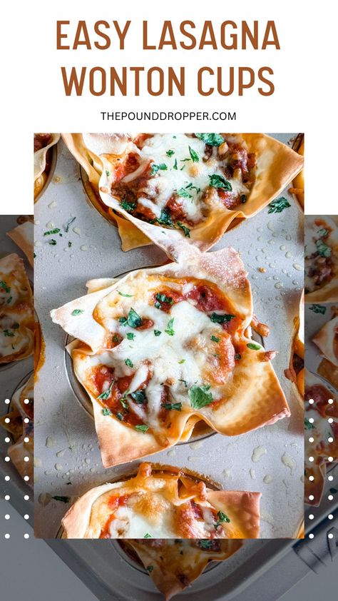 Easy Lasagna Wonton Cups via @pounddropper Wonton Lasagna, Ww Casseroles, Ww 2023, Weight Watchers Lasagna, Ww Appetizers, Weight Watchers Appetizers, Ww Dinners, Appetizer Dinner, Lasagna Cups