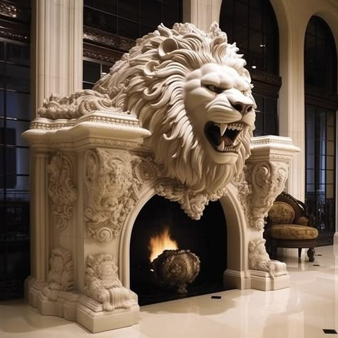 Dream Fireplace, Lion Statue, Fantasy Furniture, Unusual Furniture, Casa Country, Fire Places, Dark Home Decor, Dark Home, Fantasy House