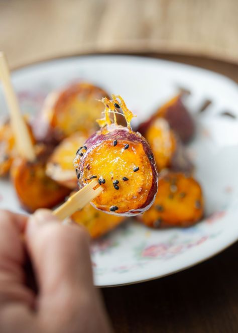 Crunchy Korean Candied Sweet Potato (Goguma Mattang) #sweetpotato #koreanrecipe #gogumamattang #cornsyrup #sesameseed #cornsyrup #snack | Beyond Kimchee Candied Sweet Potato, Sweet Potato Snacks, Korean Sweet Potato, Simple Sugar Syrup, Candy Yams, Candied Sweet Potatoes, Potato Snacks, Sweet Potato Wedges, Happy Belly