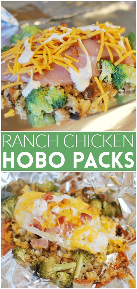 Cheesy Chicken Hobo Packs - stuffing, chicken, broccoli, bacon, and cheese all layered and cooked in foil packets. They can be grilled or baked! Easiest dinner ever. Taco Foil Packs, Grilled Chicken Foil Pack Recipes, Foil Pack Dinner Ideas, Chicken Stuffing Foil Packets, Chicken And Veggie Foil Packets, Easy Foil Dinners, Chicken Tinfoil Dinners Foil Packets, Chicken Campfire Foil Packets, Broccoli Chicken Foil Packets