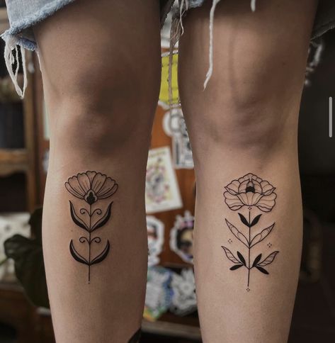 Large Calf Tattoo, Symmetrical Forearm Tattoo, Symmetrical Calf Tattoo, Symmetrical Above Knee Tattoo, Under Knee Floral Tattoo, Folk Art Flowers Tattoo, Floral Shin Tattoo, Knee Framing Tattoo, Folk Tattoo Indie